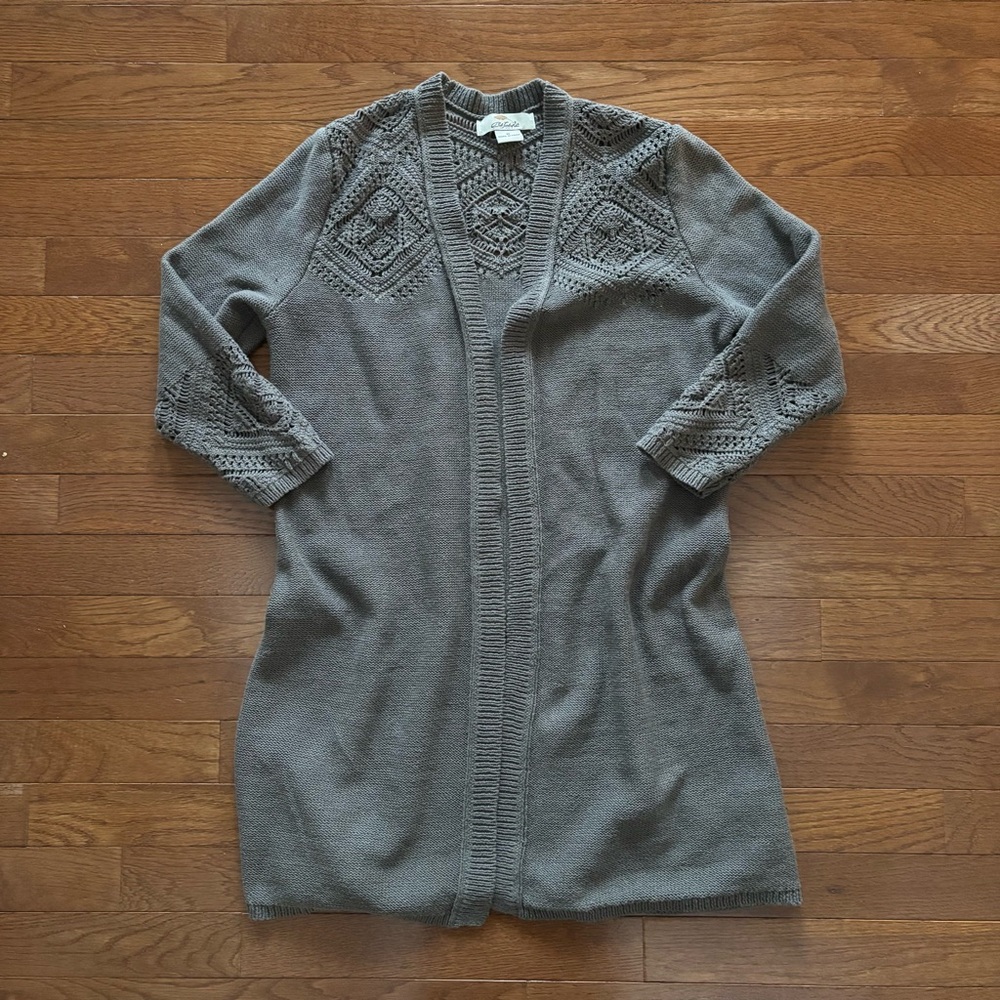 Sage Green Midi Crochet Knit Open Front Cardigan